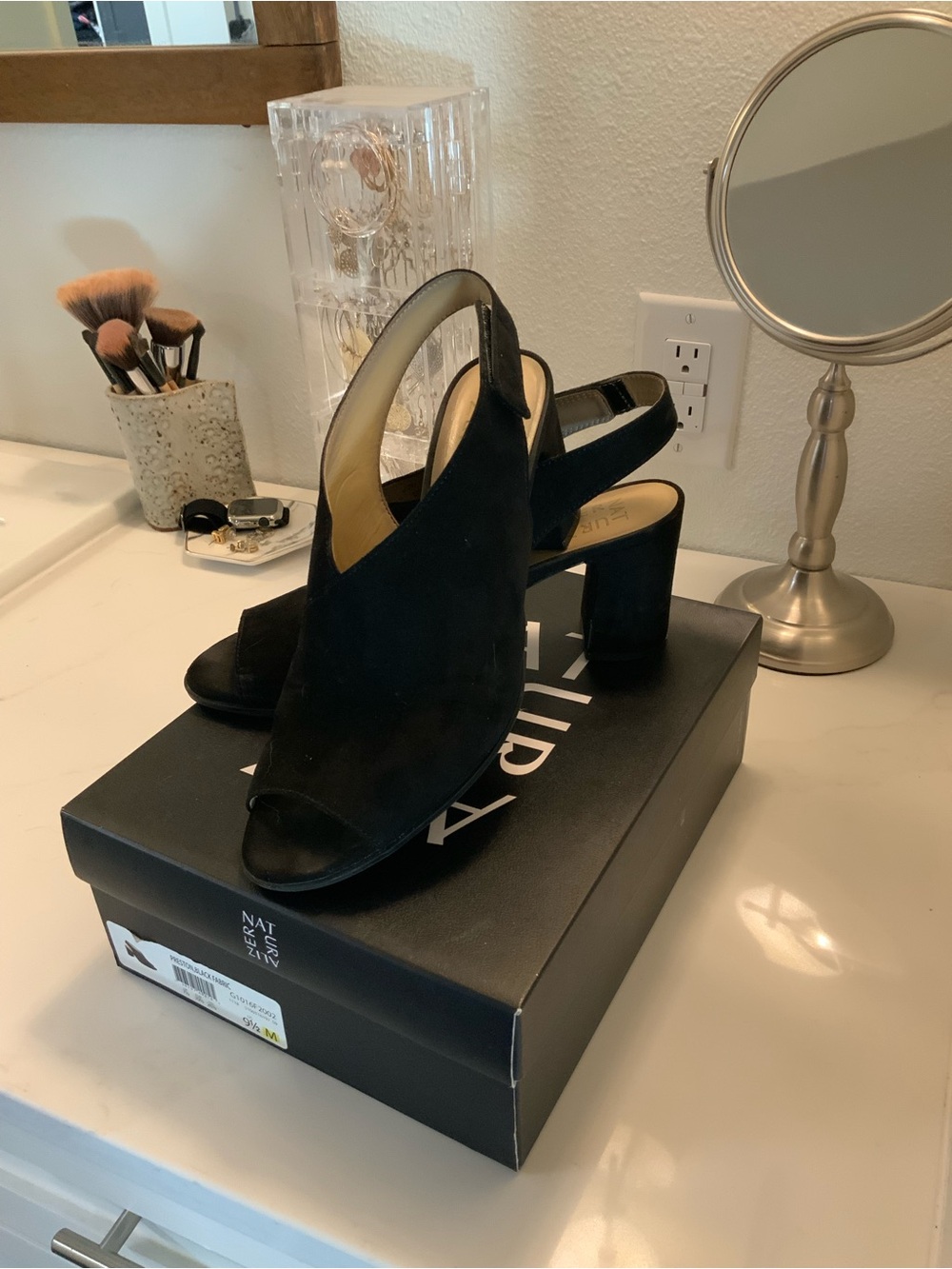 Naturalizer Black Suede Open-Toe Slingback Block Heels